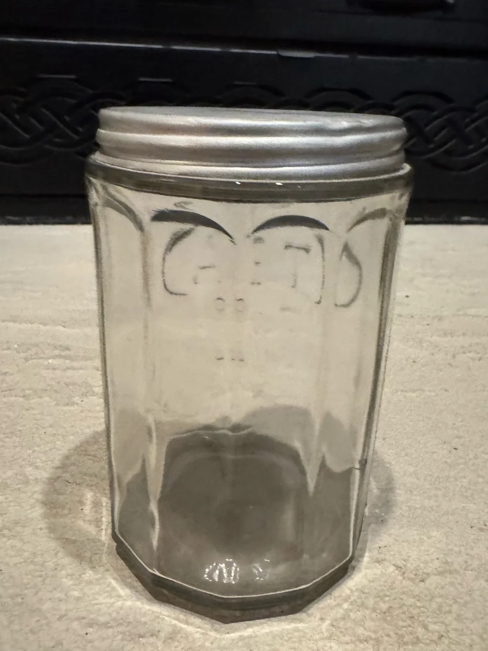 Antique 1920s-1930’s Hoosier Style Glass Tea Canister Jar Aluminum Lid 5” Tall